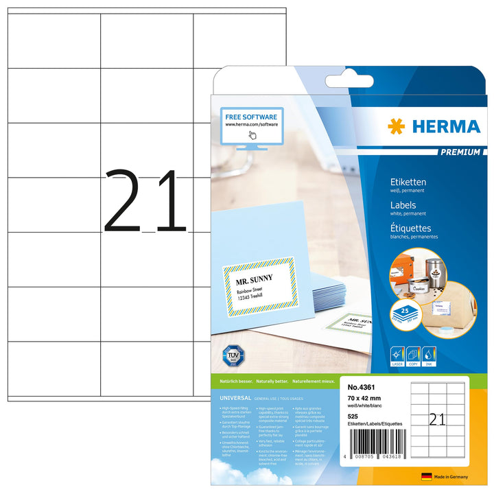 HERMA 4361 Adressetiketten, 800 Blatt, 70 x 42 mm, 21 pro A4 Bogen, 16800 Stück, selbstklebend, bedr