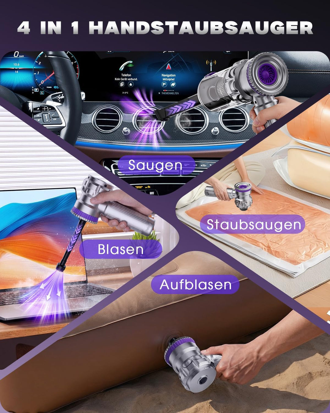 Handstaubsauger, 28000Pa Autostaubsauger Kabellos Grosser Staubbehälter mit 1-Knopf-Selbstentleerung
