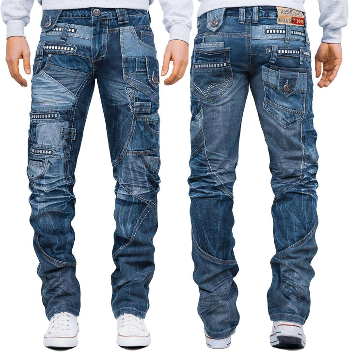 KOSMO LUPO Herren Jeans – Extravagante Designer-Jeans mit Patchwork, Nieten & Kontrastnähten – Regul