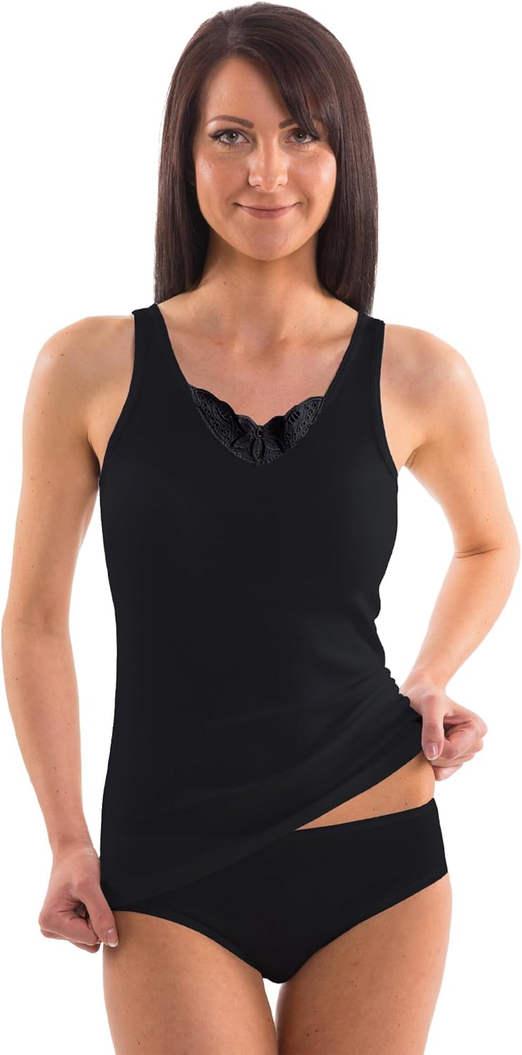 HERMKO 1440 3er Pack Damen Unterhemd mit Spitze aus 100% Bio-Baumwolle, Achselhemd Kochfest L Schwar