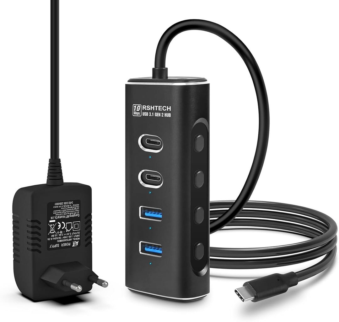 RSHTECH USB C 3.2 Hub Aktiv mit Netzteil, 4-in-1 USB C 3.1 Gen2 Hub mit 4*10Gbps USB-Datenport (2*Ty