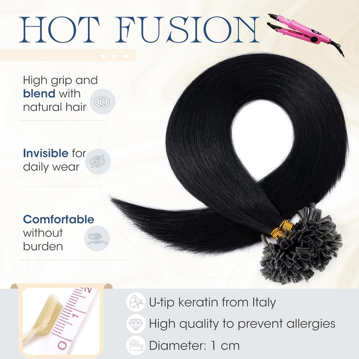 Elailite U-Tip Echthaar Bonding Extensions Keratin Haarverlängerung Haar Glatt #1 Schwarz 100 Strähn