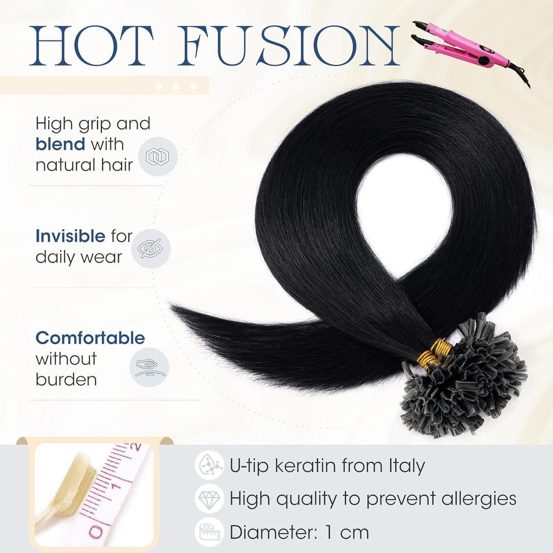 Elailite Bondings Extensions Echthaar #1 Schwarz, 50g 60cm U Tip Hair Extensions Keratin 100 Strähne