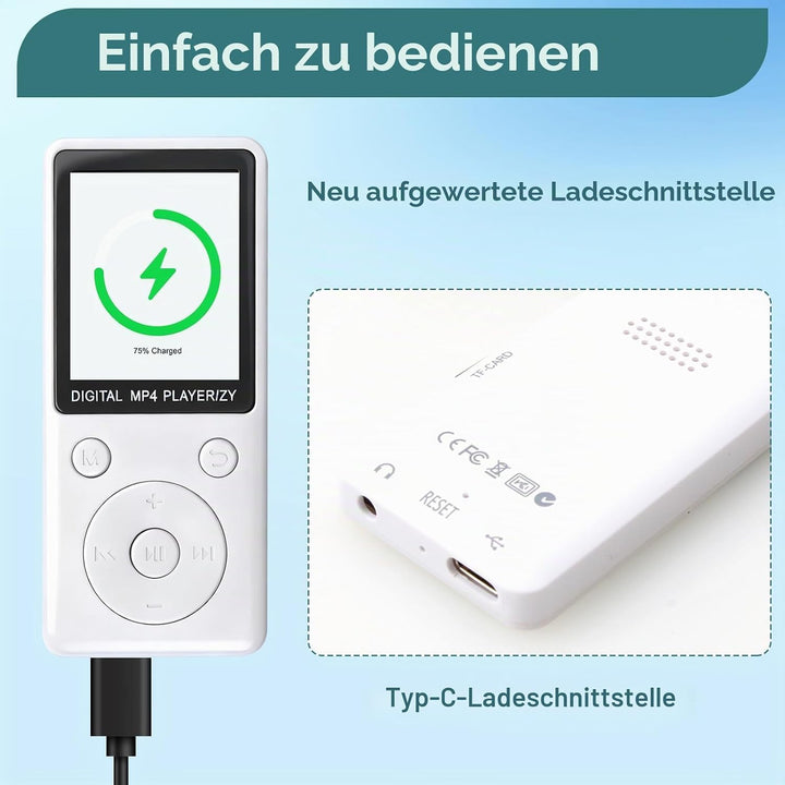 MP3 Player mit Bluetooth 5.2, 32GB Speicherkarte, 1,8 Zoll TFT Farbbildschirm, tragbarer Musikplayer