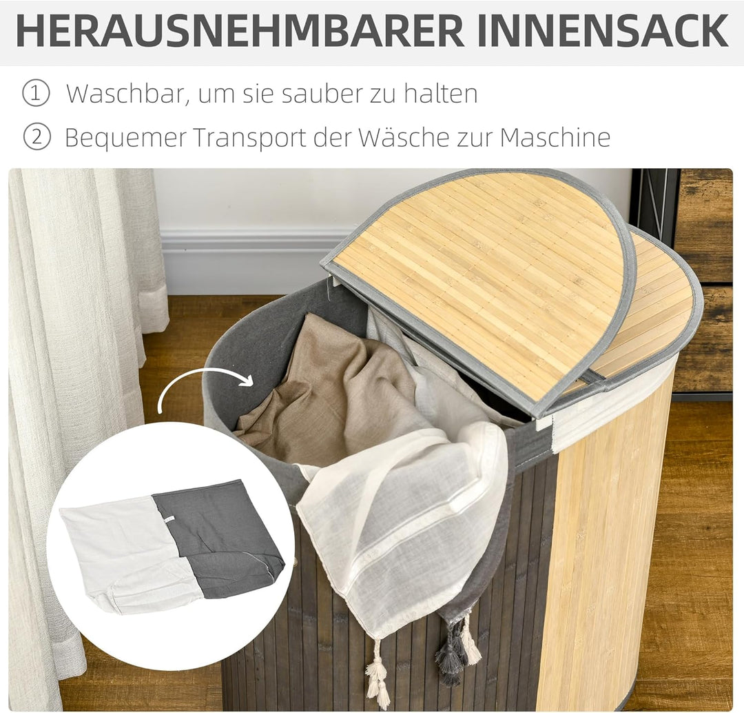 HOMCOM Bambus Wäschekorb mit Deckel 100L Wäschesammler mit Griffen, 2 herausnehmbarer Wäschesack, Wä