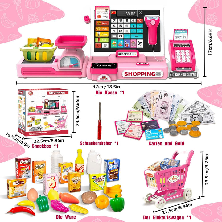 HILKKET Kasse Kinder Spielzeug, Kinderkasse mit Scanner, Sound, Rechnerfunktion, Spielgeld und Zubeh