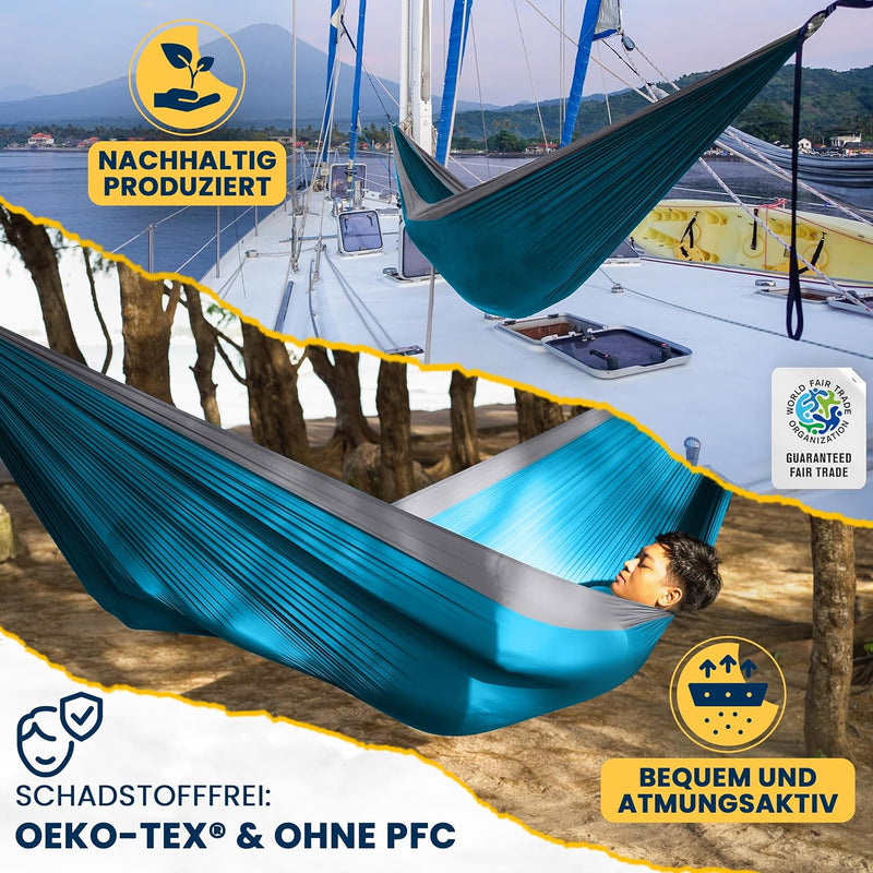 Fair Trade & handgemachte Original-1-2-Personen-Leicht-Hängematte Aqua/DUNKELGRAU für Reisen, Campin