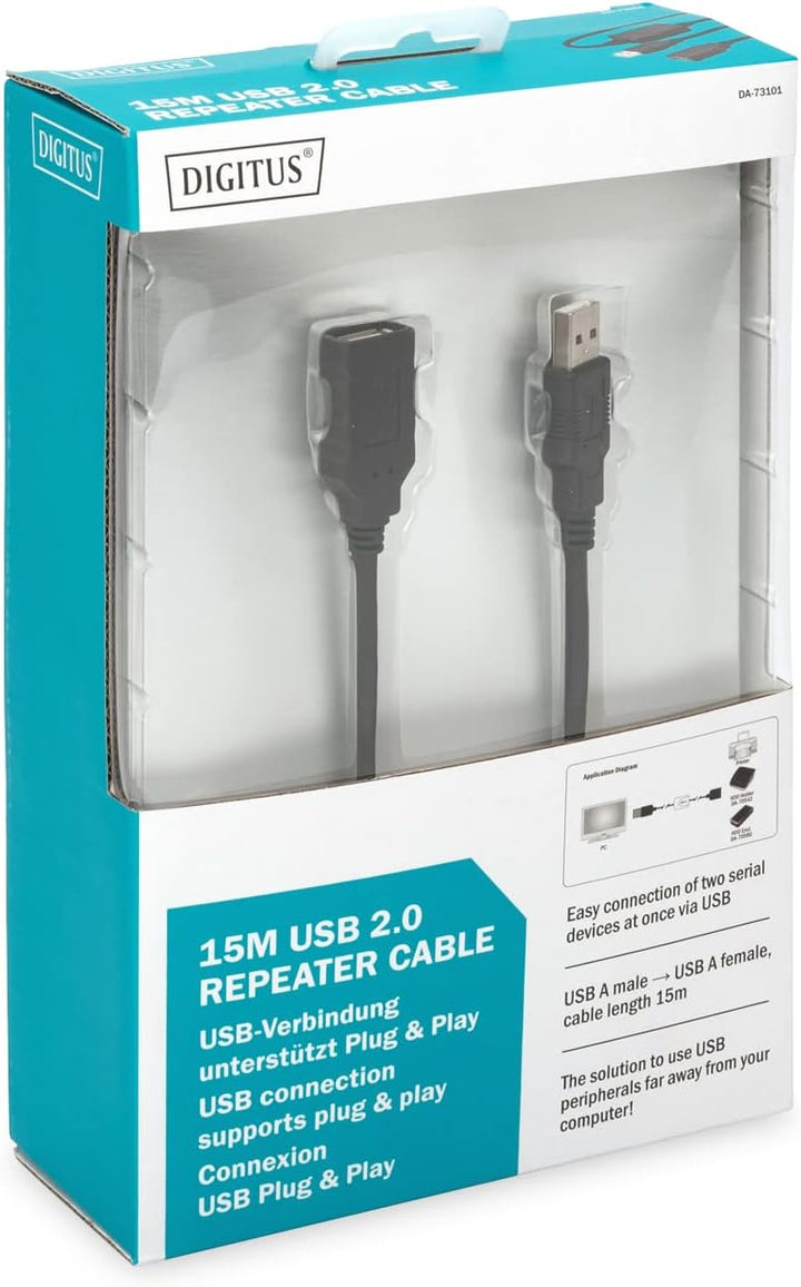 DIGITUS Aktives USB 2.0 Verlängerungskabel, Repeaterkabel, 15 m Länge, USB A Stecker auf USB A Buchs