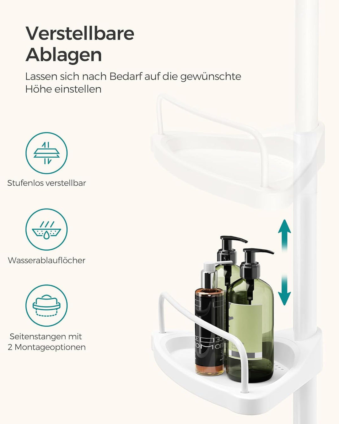 SONGMICS 85-305 cm Duschregal für Badezimmer mit Teleskoprohren und 4 Ablagen BCB001A Weiss/Flyaway