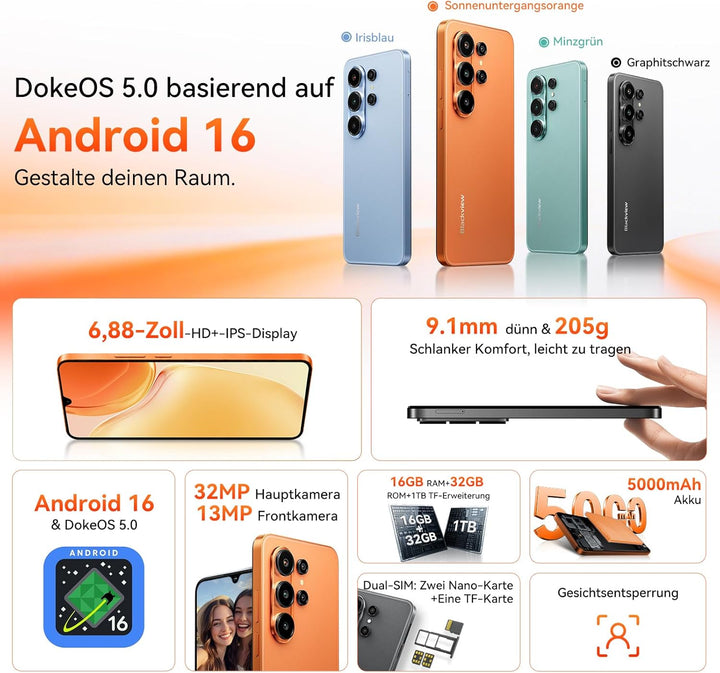 Blackview Wave 10C Handy Ohne Vertrag, 6,88" HD+ IPS Android 16 Smartphone, 16GB+32GB/1TB,32MP+13MP,