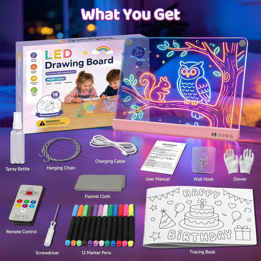 LED Zeichenbrett für Kinder, 30x40cm Wiederaufladbare LED Notiztafel mit Farben und 15 Lichtmodi, Ma