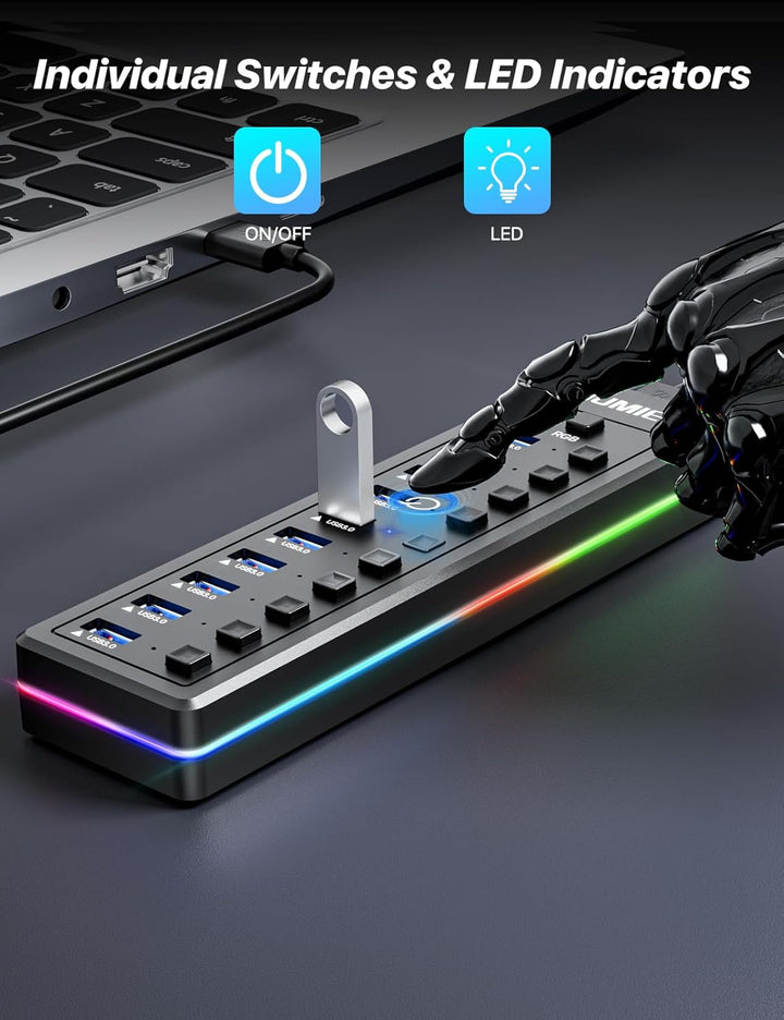 Powered USB Hub, 10-Port USB 3.0 Hub mit RGB LED Strip -5Gbps Datenübertragung, individuelle LED On/