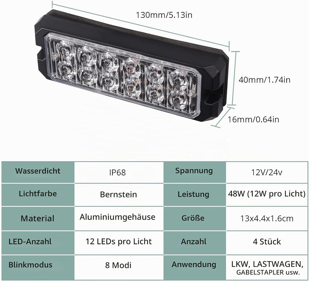 COLFULINE 4 x 12 Led Frontblitzer Blitzer, 12/24V Warnlicht Stroboskoplicht Notfall Licht Wasserdich