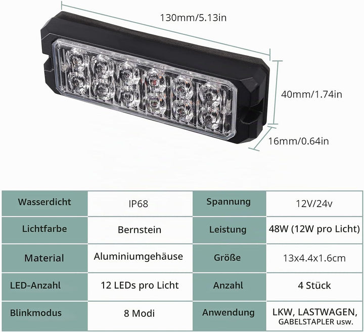 COLFULINE 4 x 12 Led Frontblitzer Blitzer, 12/24V Warnlicht Stroboskoplicht Notfall Licht Wasserdich