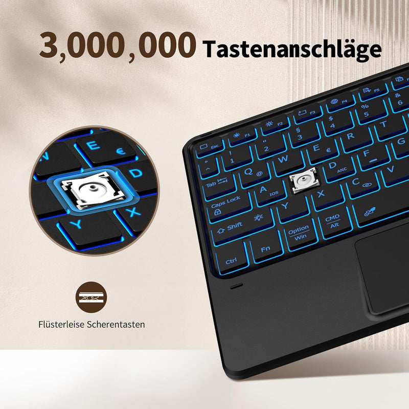 CACOE Tastatur mit Touchpad, QWERTZ Tastatur Kabellose mit 7 Farben Beleuchtete kompatibel mit iPad,