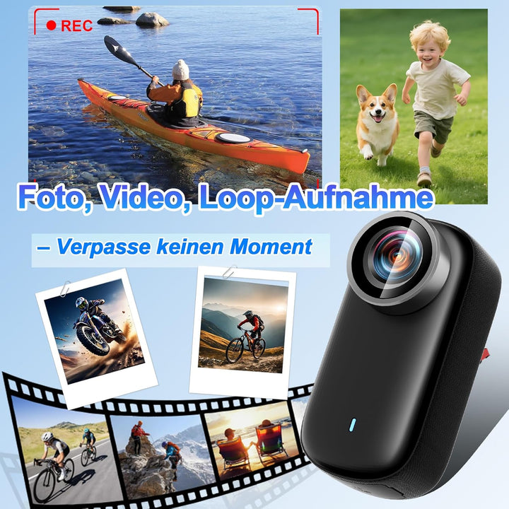 Mini Action Cam WiFi mit Bildschirm, 4K UHD & 150° Weitwinkel IP65 wasserdichte Bodycam 4K 64GB, Tra