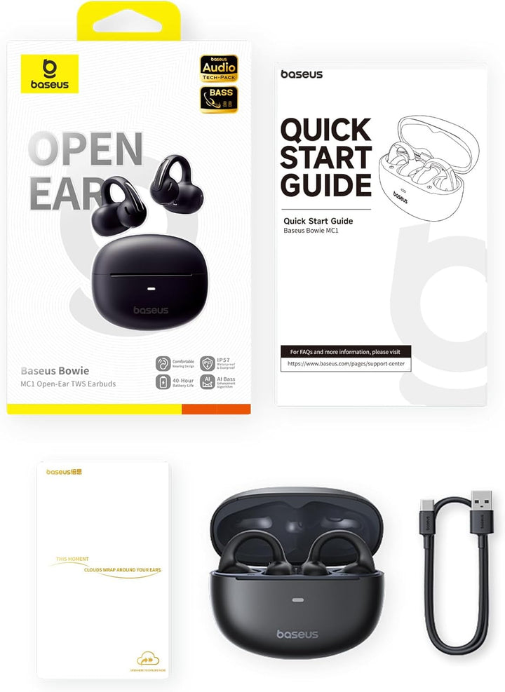 Baseus Bowie MC1 Open Ear Kopfhörer, Ohrclip mit Beeindruckender Klang, Adaptiver Bassverstärkung, B