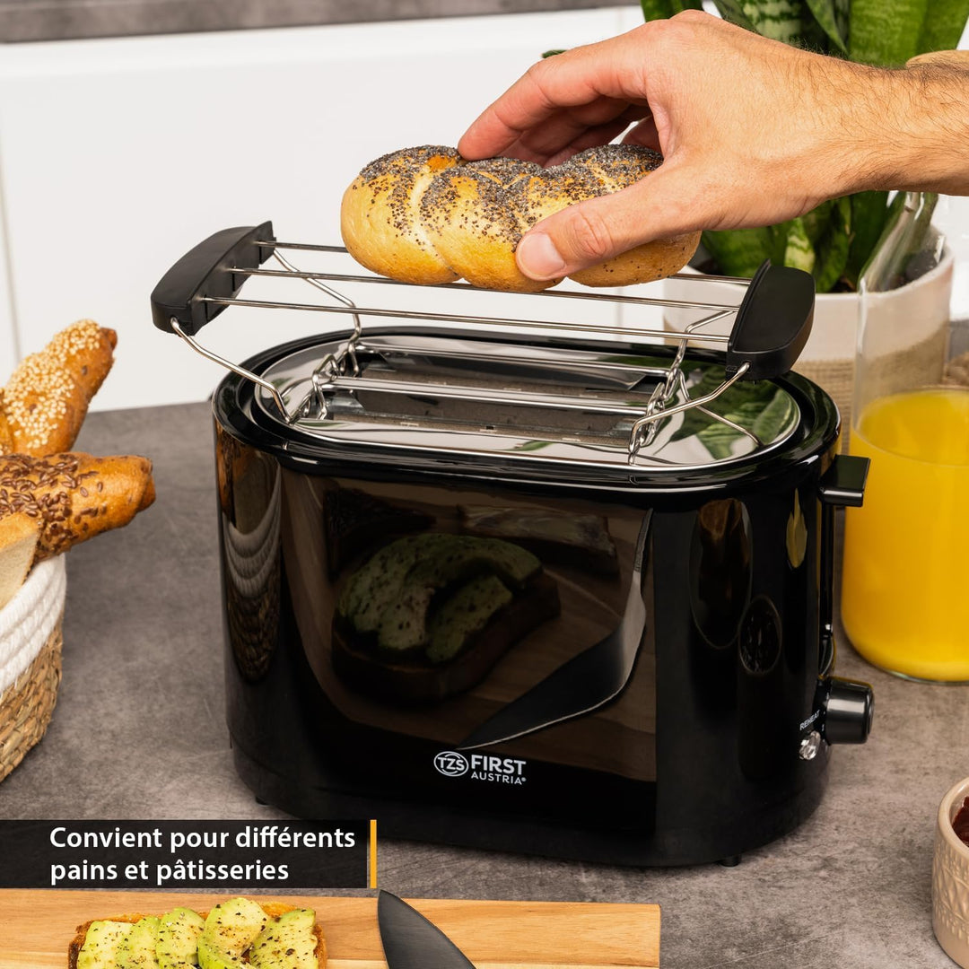 TZS First Austria Doppel Kurzschlitz Toaster, 2 Scheiben, schwarz, 750W, 7 Stufen, Warmhalte- und Au