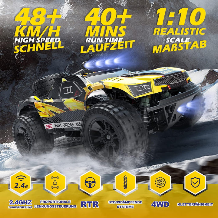 DEERC Ferngesteuerte Auto 1:10 mit Lichtern RC Auto 48km/h 4WD Offroad Hobby Grade Monster Crawler m