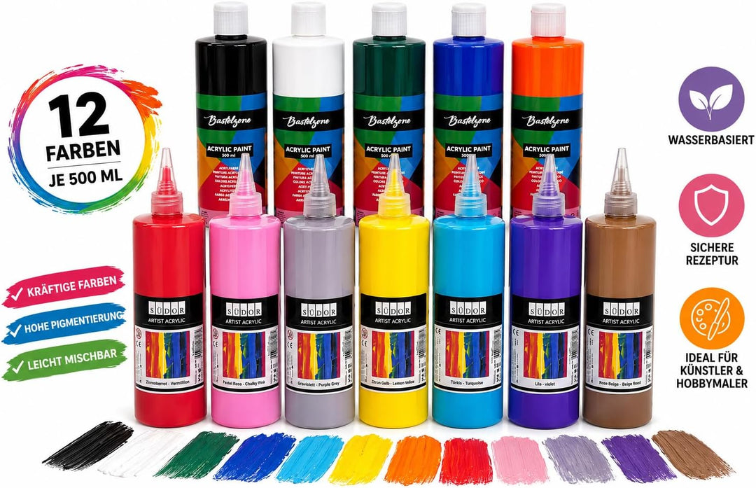 ACRYLFARBEN- Farben je 500ml. Hochwertige und deckende Malfarben für Holz, Stein, Leinwand, Malkarto