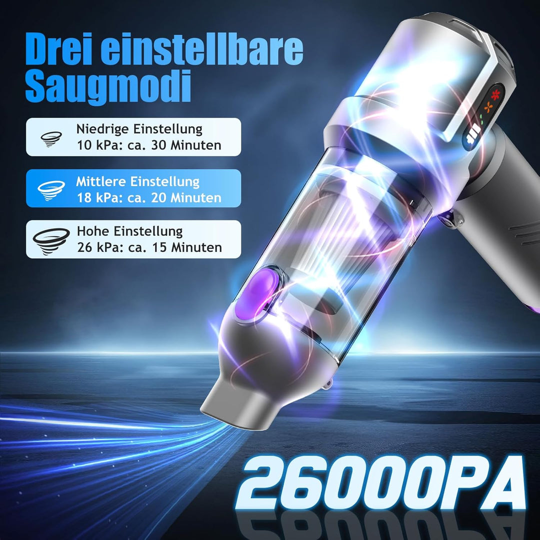 Handstaubsauger Akku, 26000Pa Mini Staubsauger, 6000mAh, 4-in-1 Auto Staubsauger Stark Blasen und Sa