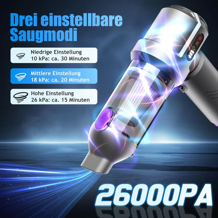 Handstaubsauger Akku, 26000Pa Mini Staubsauger, 6000mAh, 4-in-1 Auto Staubsauger Stark Blasen und Sa
