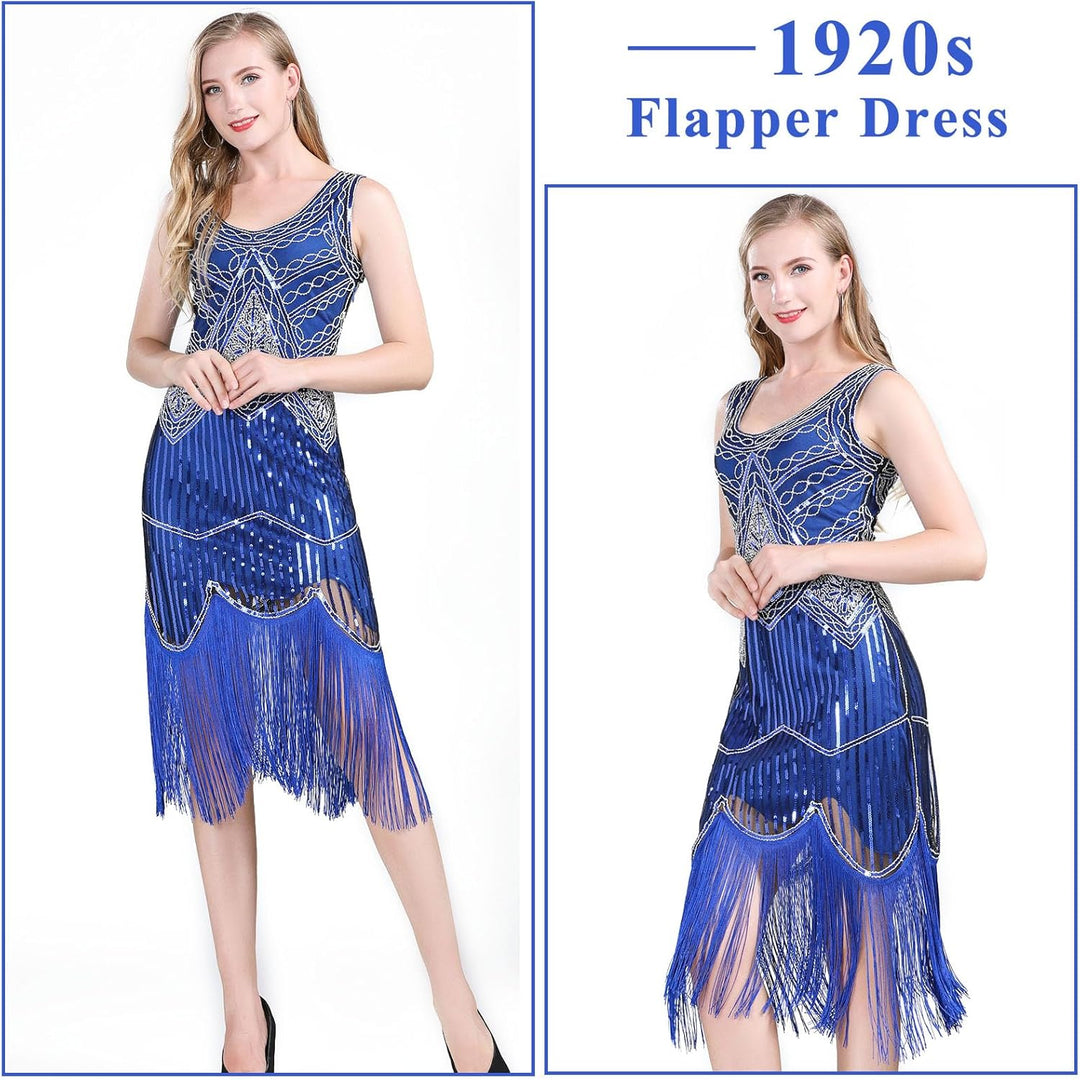 FEPITO 1920er Jahre V-Ausschnitt Pailletten Perlen Fransen Kleid mit 20er Jahren Zubehör Set Blau L,