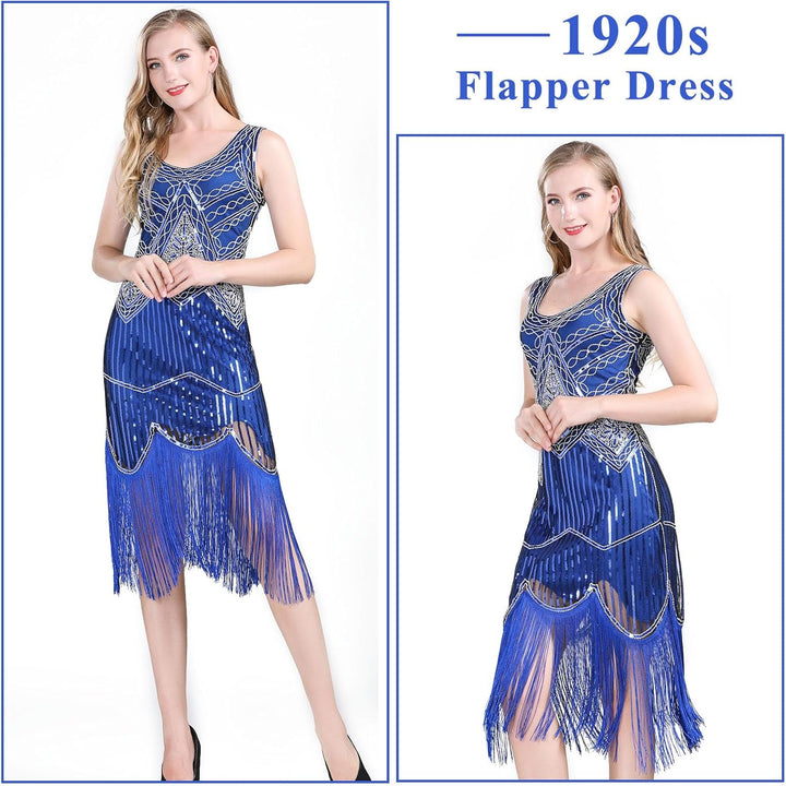 FEPITO 1920er Jahre V-Ausschnitt Pailletten Perlen Fransen Kleid mit 20er Jahren Zubehör Set Blau XL