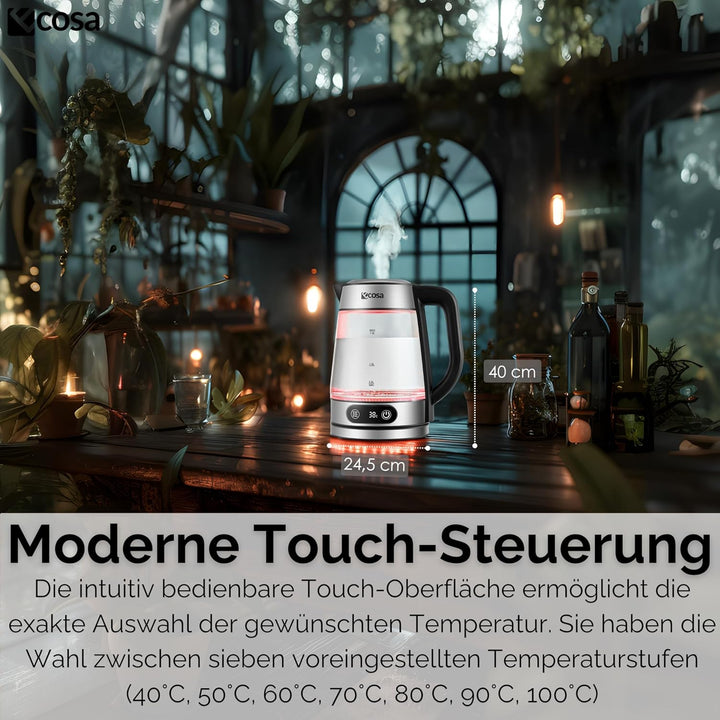 Ecosa® Glas Wasserkocher mit Temperatureinstellung 1,8 Liter 2.200 Watt Edelstahl mit Temperaturwahl