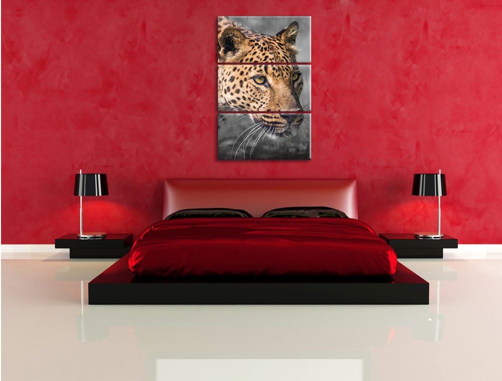 Pixxprint schleichender Leopard schwarz/weiss 3-Teiler Leinwandbild 120x80 Bild auf Leinwand