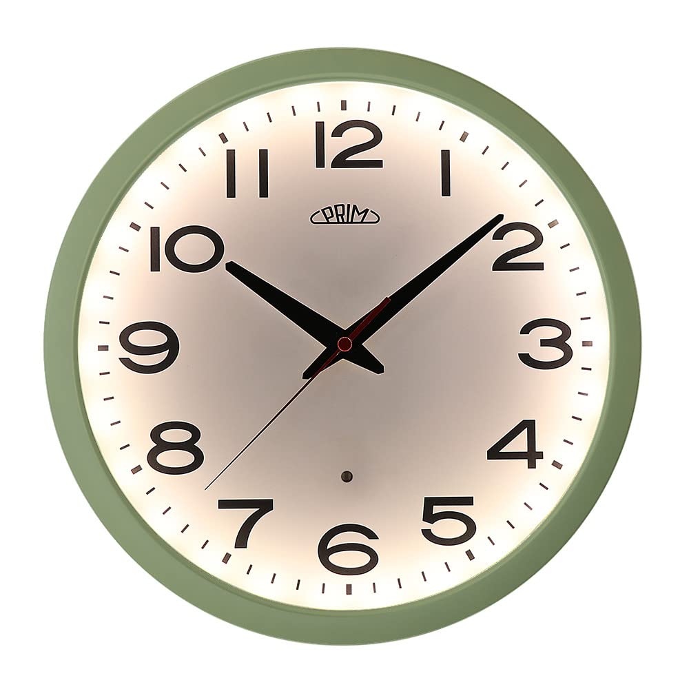 PRIM Insight Leuchtende Design Kunstoff Wanduhr, Weiss/Grün, Licht- und Geräusch-Sensor, Quarz-Uhrwe