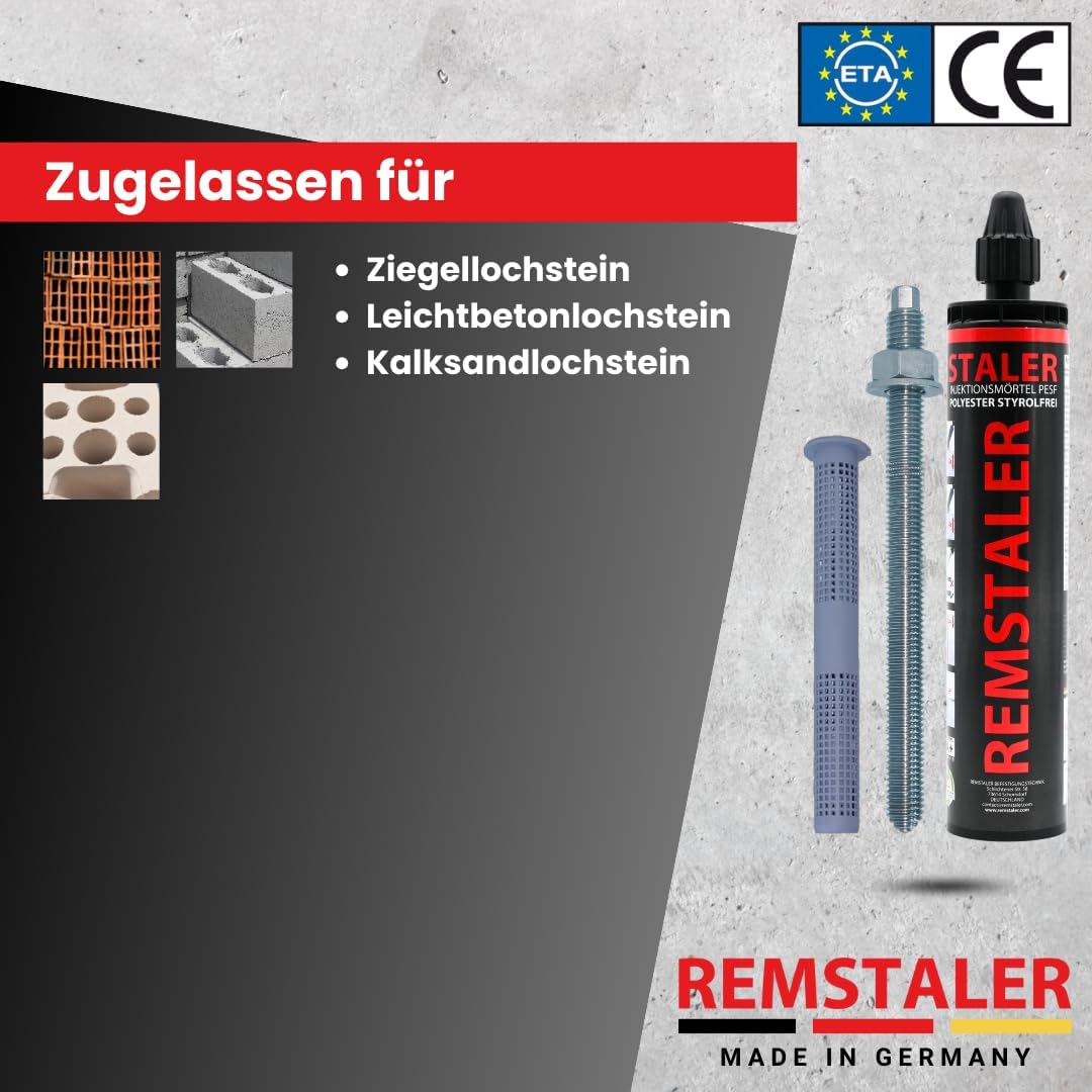1x Remstaler INJEKTIONSMÖRTEL + ANKERSTANGE + SIEBHÜLSE im SET | Stahl verzinkt o. Edelstahl A4 | Ve