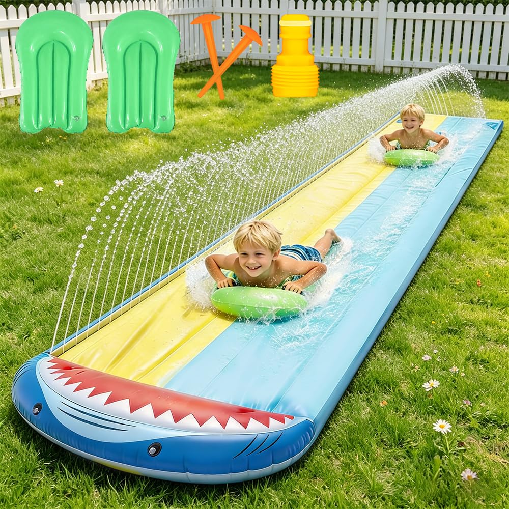Wasserrutsche Garten für Kinder, 15.7ft/480cm Wasserrutschbahn mit 2 Bodyboards, Doppelte Rutschbahn