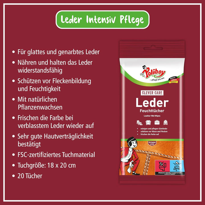 Poliboy - Leder Feuchttücher - perfekte Reinigung für Glatt- und Kunstleder - 10er Pack - 10x20 Tüch