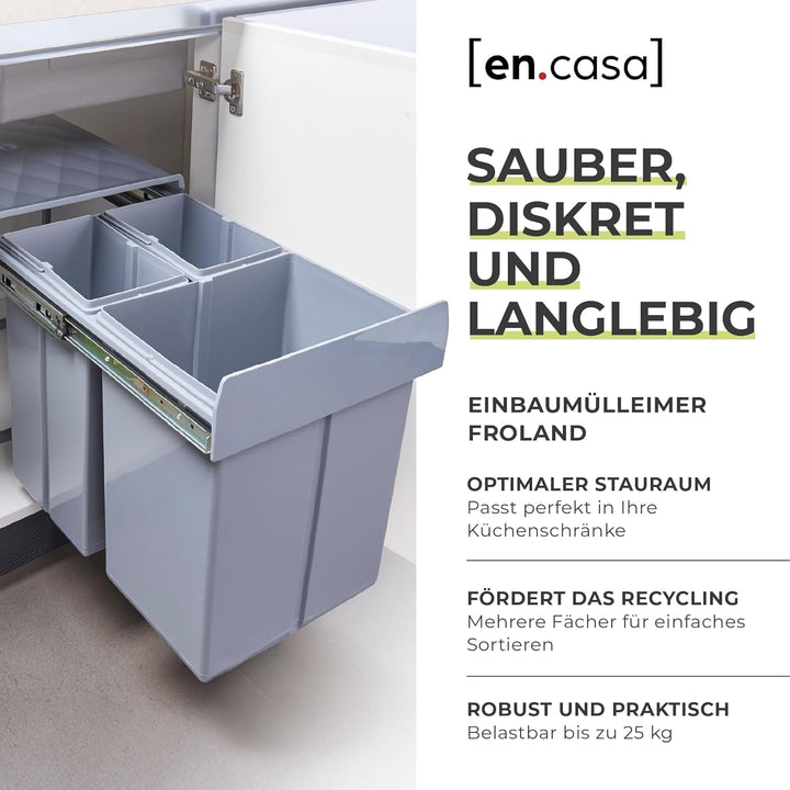 [en.casa] Einbau-Mülleimer Froland Abfallsortierer Ausziehbarer Müllsammler 3 Herausnehmbare Fächer