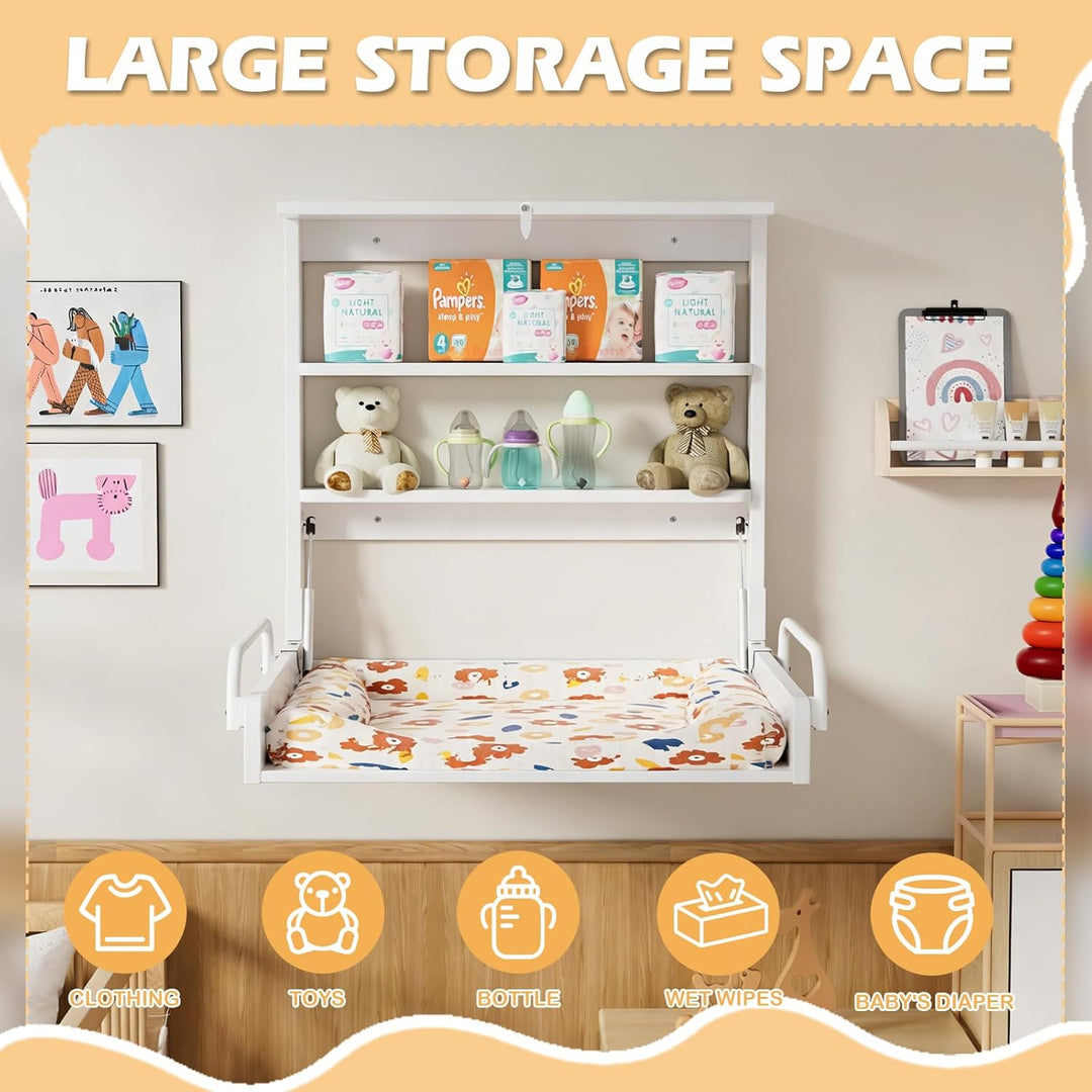 MSFE Wickelkommode Wickeltisch Klappbar, Baby Changing Table Wandwickeltisch mit 3 Regalfächern, Wic
