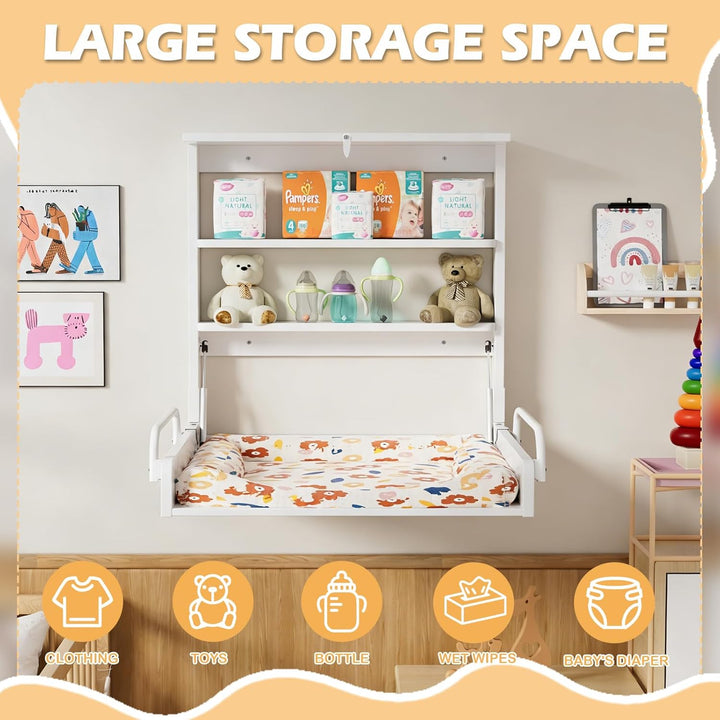 MSFE Wickelkommode Wickeltisch Klappbar, Baby Changing Table Wandwickeltisch mit 3 Regalfächern, Wic