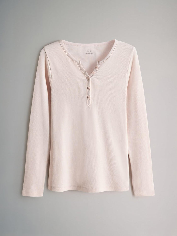 THE SET Damen t gerippte Henley-Langarmshirts, 4er-Pack L Berry/Stripe/Pink/White, L Berry/Stripe/Pi