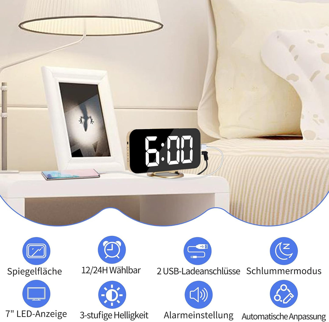 SZELAM Digitaler Wecker, Wecker am Bett, 7-Zoll-LED-Spiegelwecker, mit 2 USB-Ladeanschlüssen, Schlum