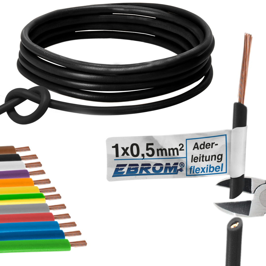 EBROM Aderleitung Litze Schaltlitze Einzelader flexibel PVC Leitung - H05V-K 0,5 mm² - Farbe: schwar