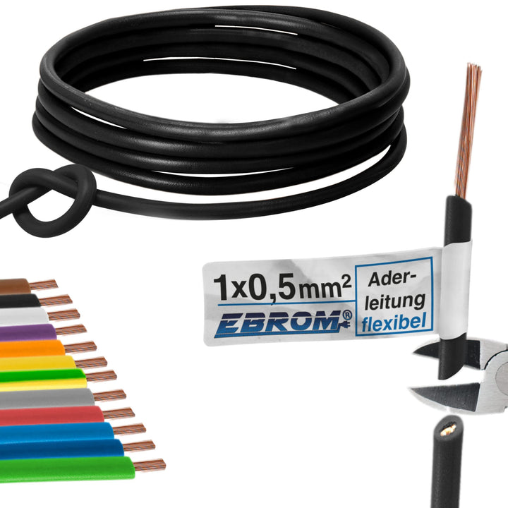 EBROM Aderleitung Litze Schaltlitze Einzelader flexibel PVC Leitung - H05V-K 0,5 mm² - Farbe: schwar