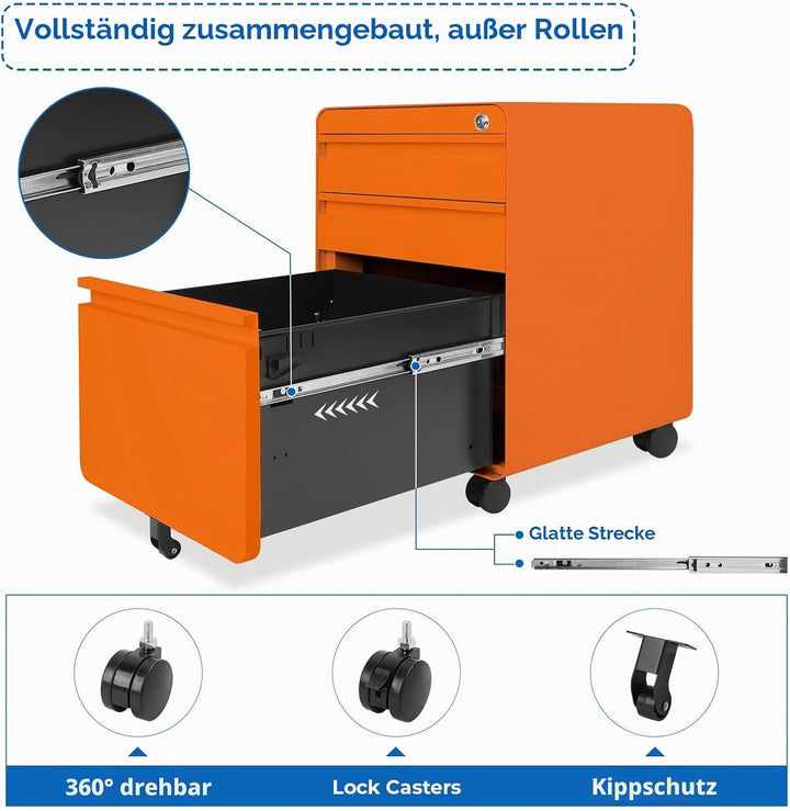 Dripex Metall Rollcontainer Stahl Rollcontainer mit 3 Schubladen oder 2 Schubladen, Abschliessbarer