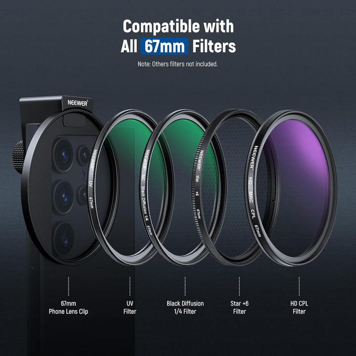 NEEWER 67 mm 1/4 schwarzer Diffusionsfilter & Kaltschuh-Handyclip für Handy, inklusive Tragetasche u