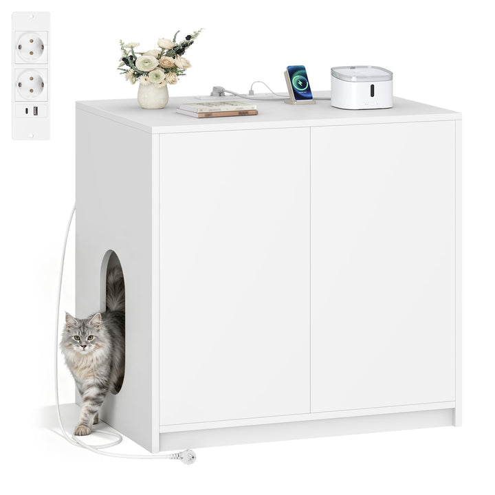 Katzenklo Schrank Versteckt mit Steckdosen, 80 x 60 x 80 cm, Weiss | Katzenschrank Möbel mit USB, fü