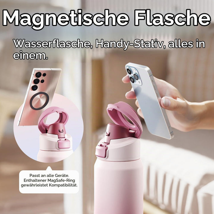 Magcheer Trinkflasche mit Handyhalterung 750ml Magnetische Wasserflasche 360° Verstellbar Flasche Ma