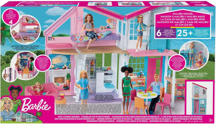 Barbie Malibu Haus, zweistöckige Traumvilla, mit 6 Zimmern, 25+ Barbie Zubehör, ohne Barbie Puppen,