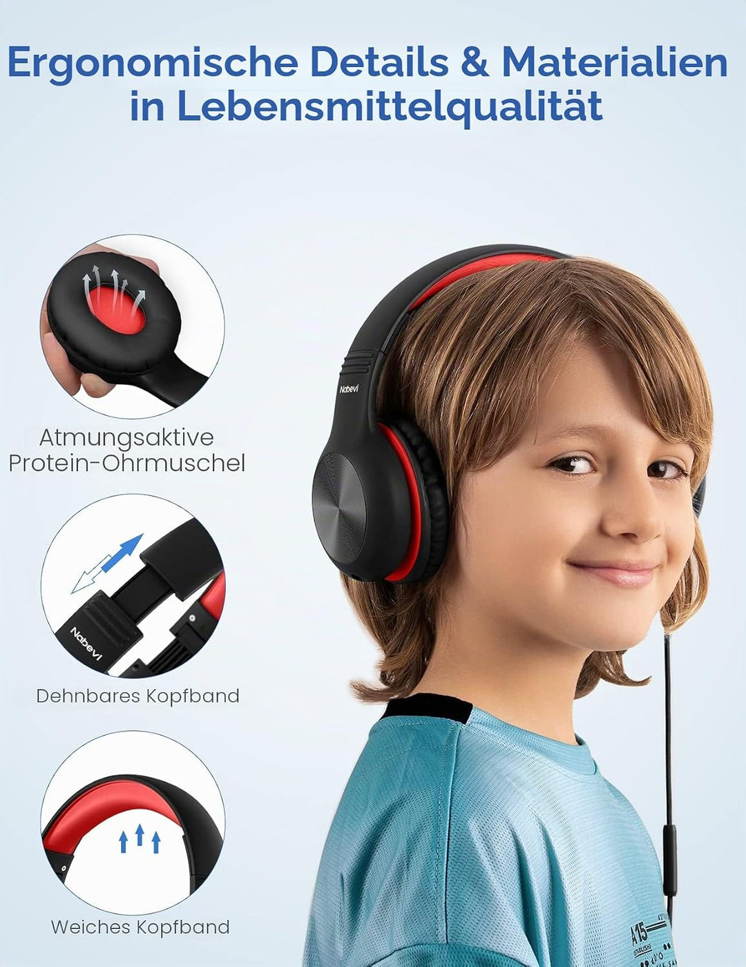 Nabevi Kopfhörer Kinder, Kinder Kopfhörer mit Kabel, 85/94dB Lautstärkegrenze, HD-Ton, Sharing-Funkt