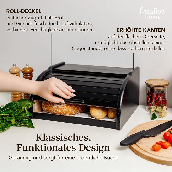 Creative Home Schwarz Brotkasten Holz | 38 x 28,5 x 17,5cm (+/-1cm) | Perfekte BrotBox für Brot Bröt