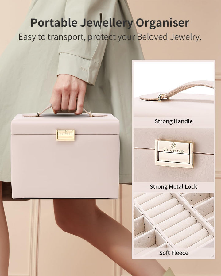 Vlando Schmuckkasten Schmuckbox mit 4 Ebenen, Schmuckschatulle PU Leder, Schmuckbox mit Spiegel und