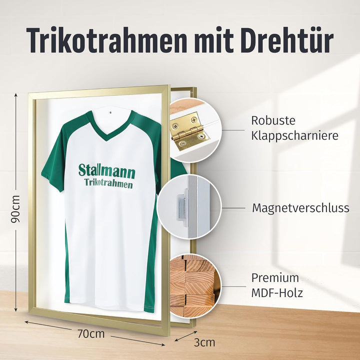 Trikotrahmen 'Easy Click & Fill' mit Tür | Rahmen-Farbe: Gold | Hintergrund: Weiss | Grösse: 70 x 90